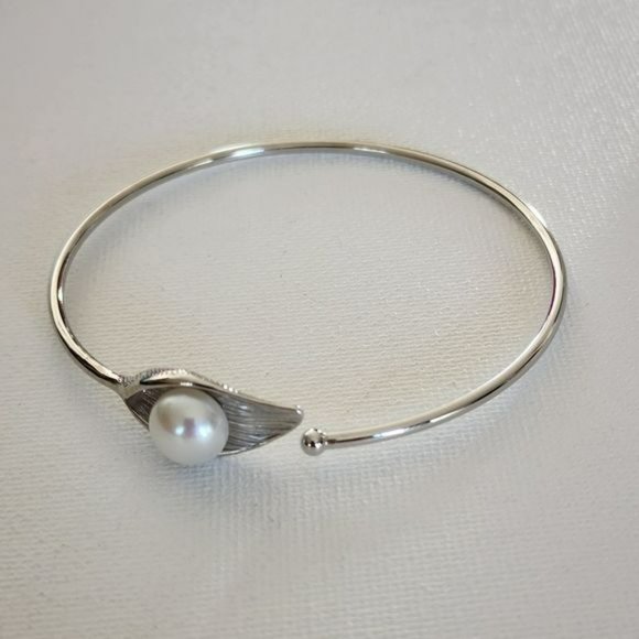 925S Silver 10mm Real Cultured White Freshwater‎ Pearl Solitaire Bangle Bracelet - Picture 14 of 14